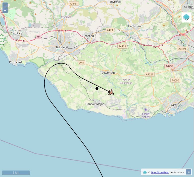 Map of aircraft tracking above Sigingstone