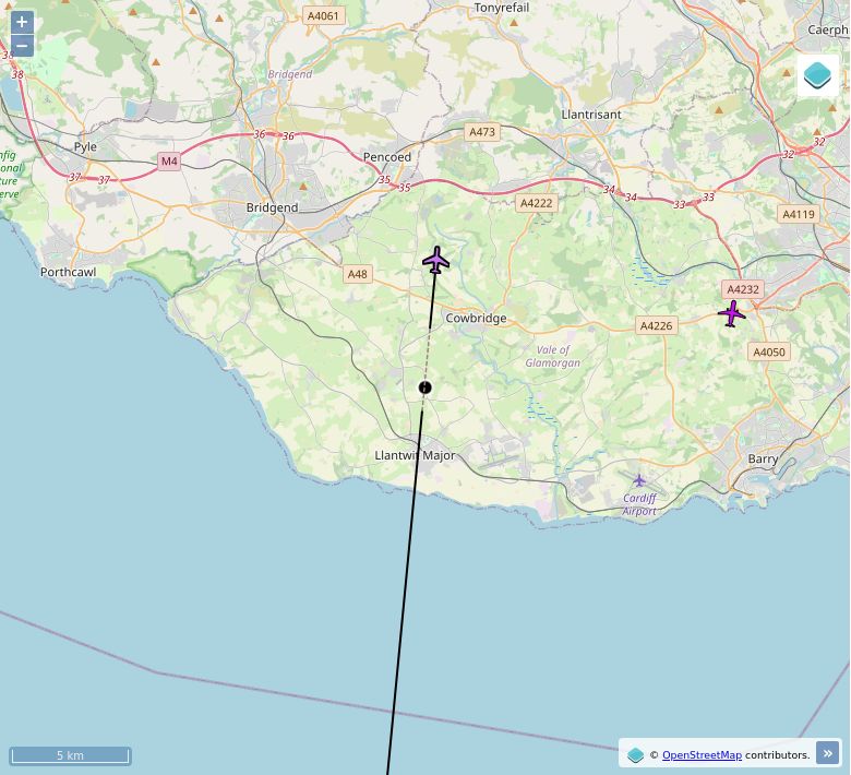 Map of aircraft tracking above Sigingstone