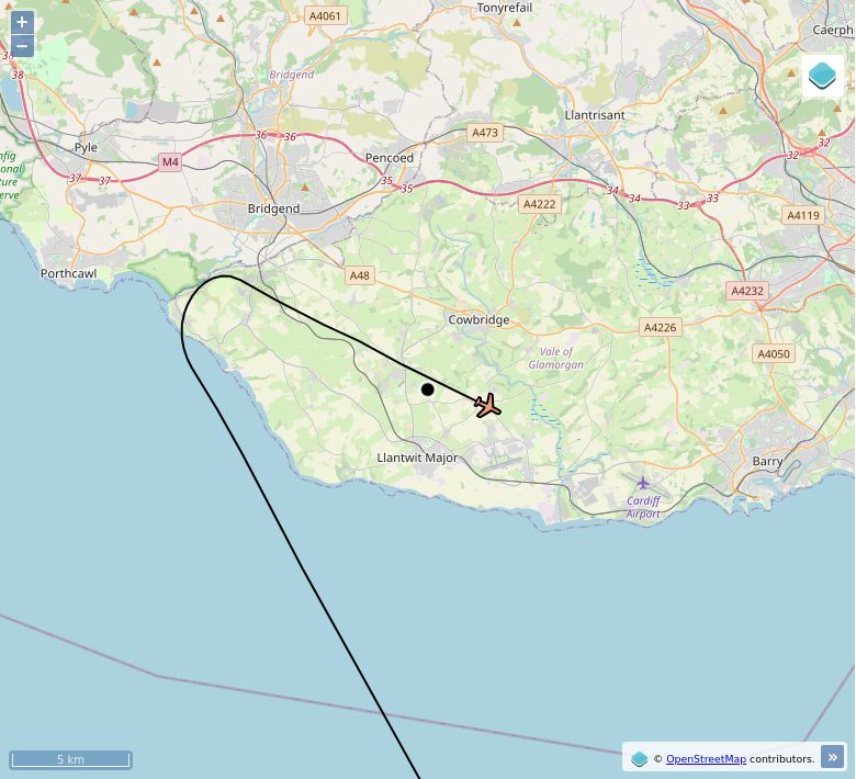 Map of aircraft tracking above Sigingstone