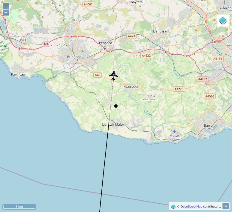 Map of aircraft tracking above Sigingstone