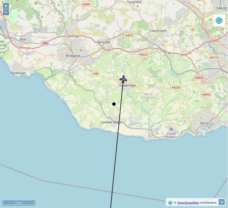 Map of aircraft tracking above Sigingstone