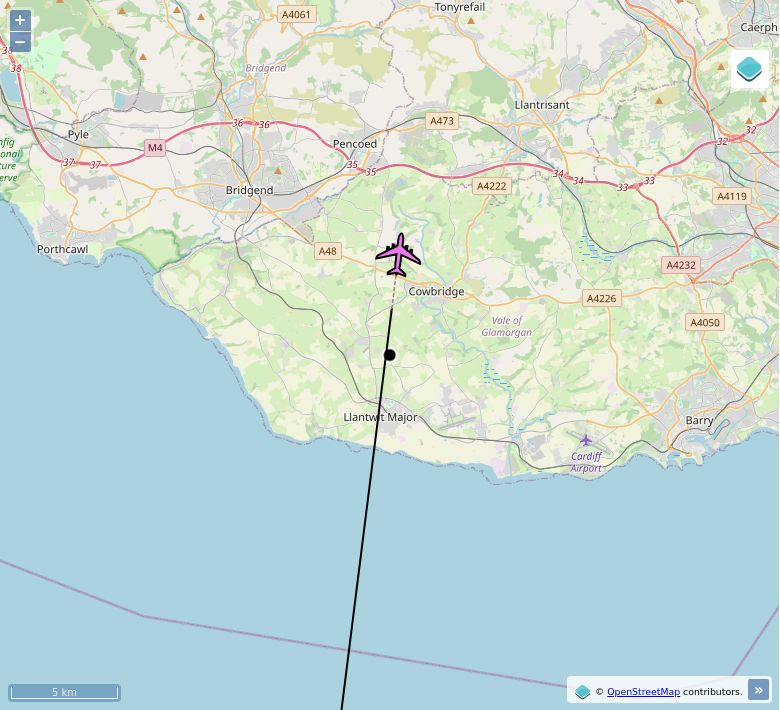 Map of aircraft tracking above Sigingstone