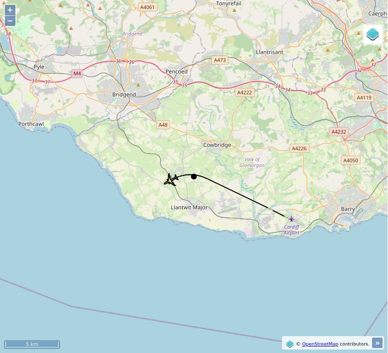 Map of aircraft tracking above Sigingstone