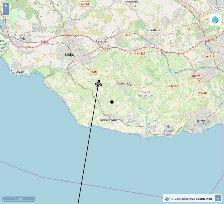 Map of aircraft tracking above Sigingstone
