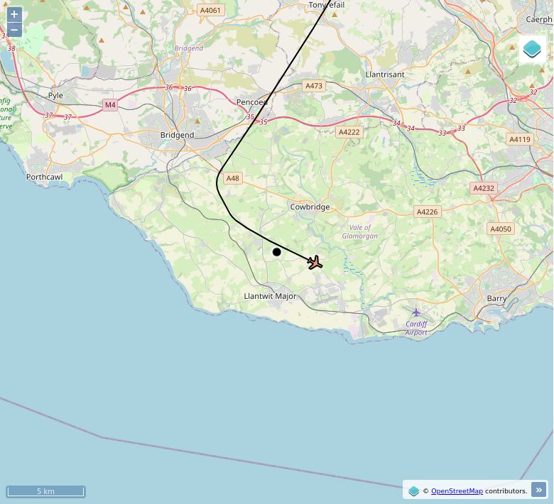 Map of aircraft tracking above Sigingstone