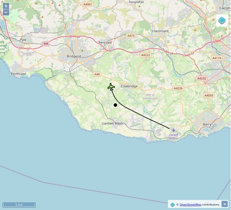 Map of aircraft tracking above Sigingstone