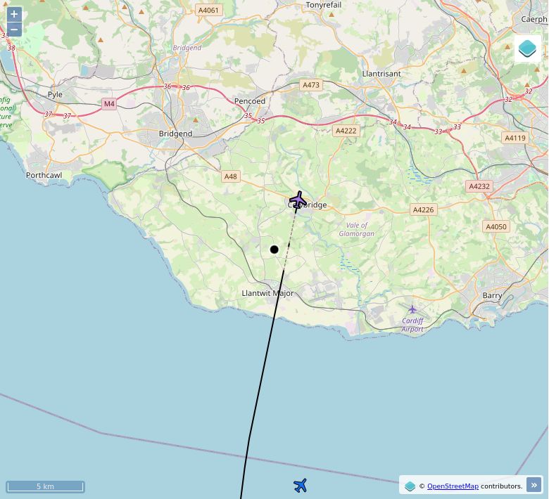 Map of aircraft tracking above Sigingstone