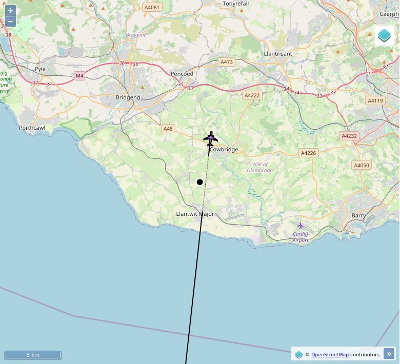 Map of aircraft tracking above Sigingstone