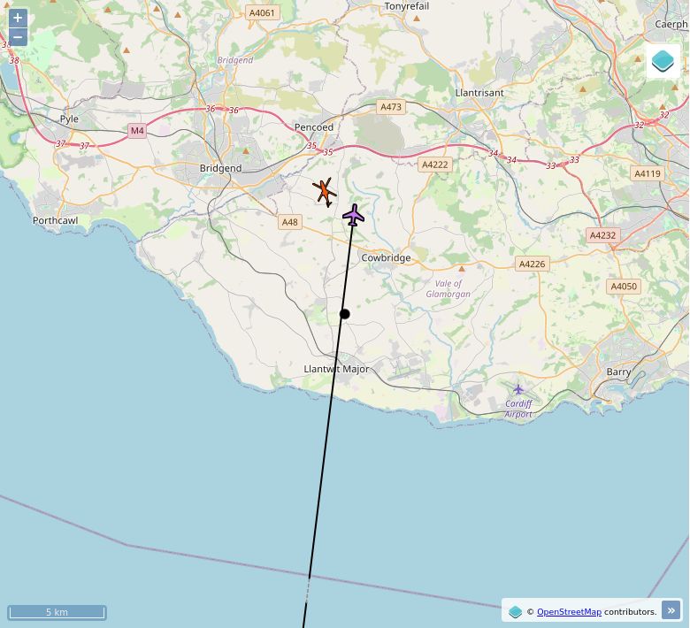 Map of aircraft tracking above Sigingstone