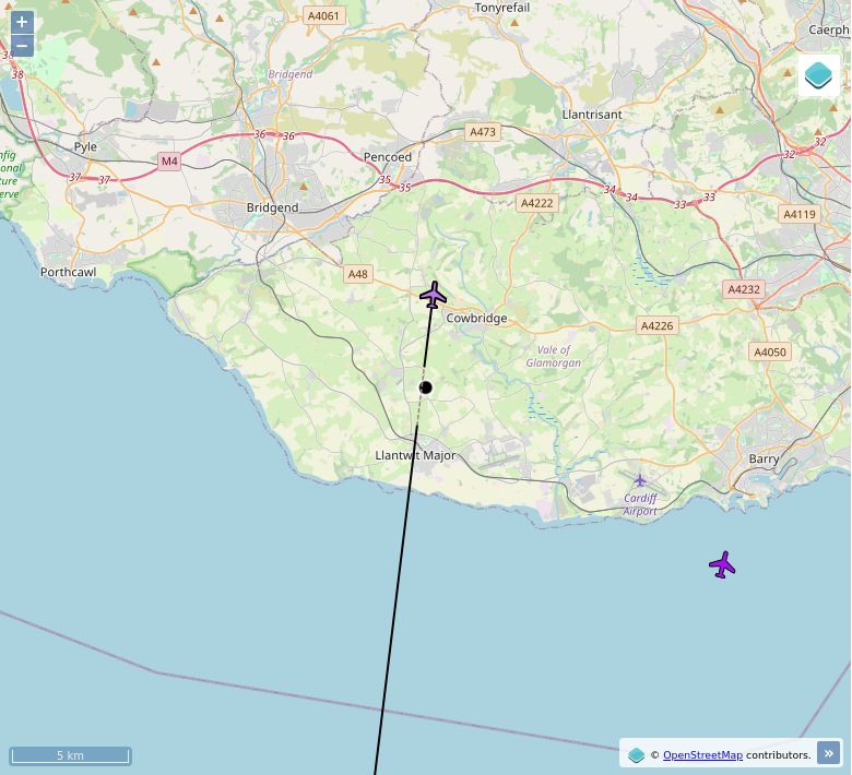 Map of aircraft tracking above Sigingstone