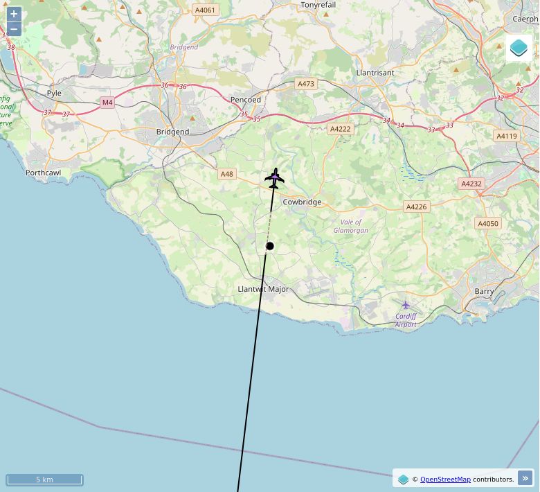 Map of aircraft tracking above Sigingstone