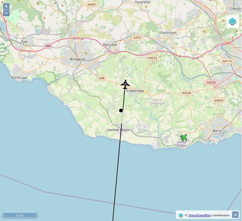 Map of aircraft tracking above Sigingstone
