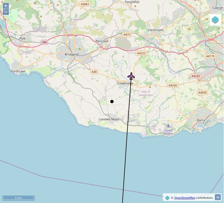 Map of aircraft tracking above Sigingstone