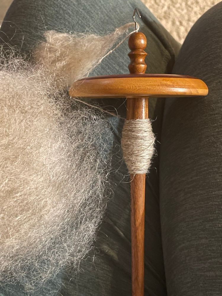 A top whorl Kundert spindle in rich natural wood tones sits in the lap of someone wearing green pants, with both legs folded underneath. The spindle has a small cop of shiny fine singles spun with a golden sheen filled cloud of fiber off to the left being drafted from. 
