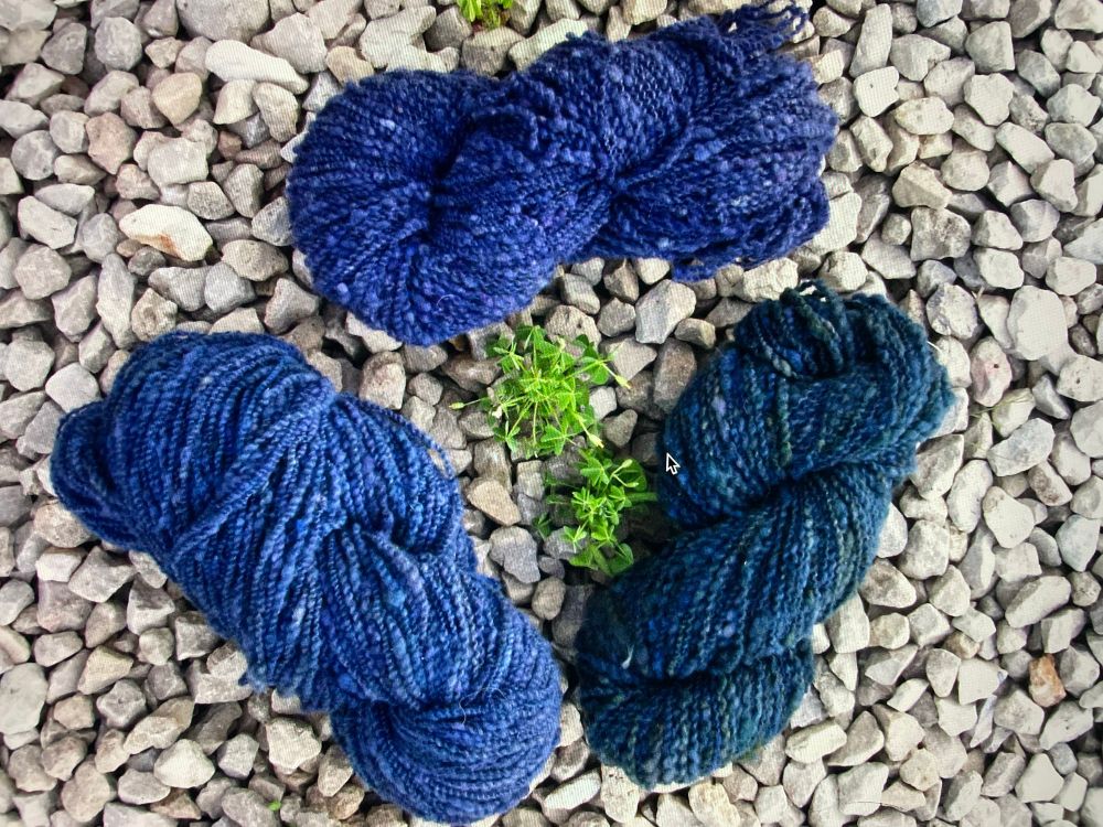 Three chunky skeins of highly textured handspun yarn in blue, green and purple sit outdoors on a white rock filled surface with a few young bright green oxalis plants growing at center. The tan texture looks almost spiral with lots of bumps and color variations. 

#handspun #handspinning 