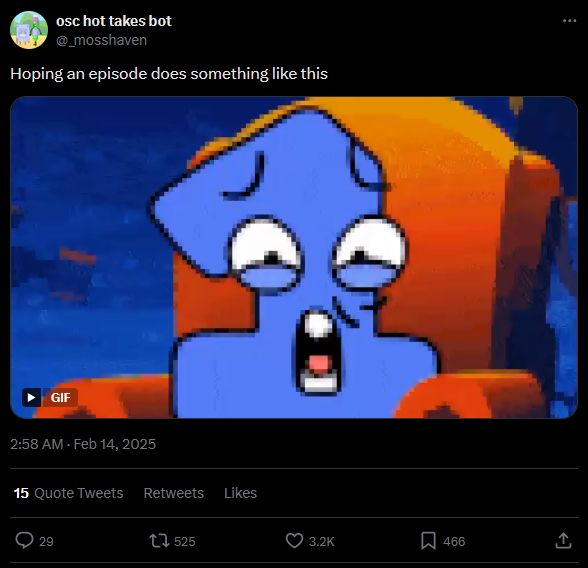 A screenshot of a tweet made by Mosshaven reading "Hoping an episode does something like this". A GIF made by Jurta is attached where Gaty tears up One's contract, shocking her.