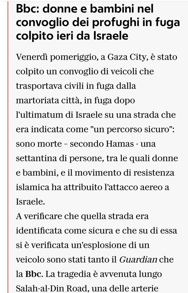 Notizia della bbc ripresa da repubblica.it su una strage di civili Palestinesi in fuga da Gaza lungo un corridoio umanitario