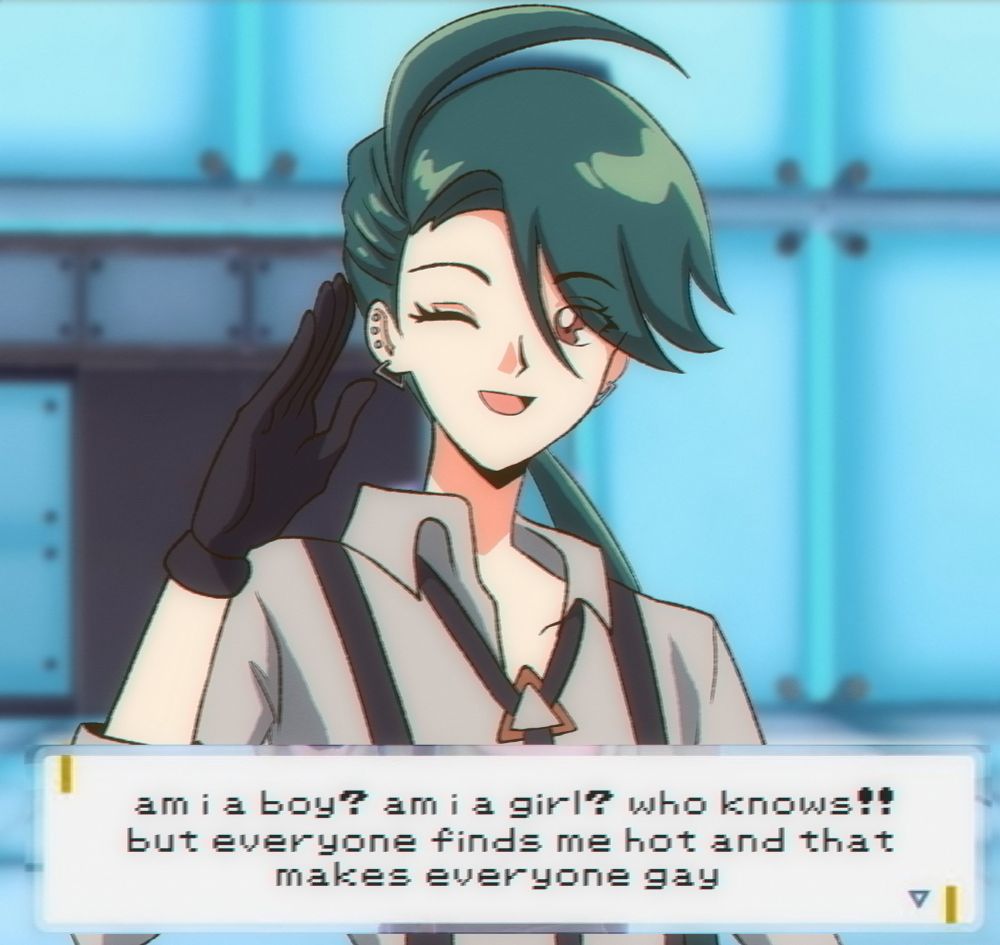 2022 - Rika from Pokemon Scarlet and Violet redrawn in the Sailor Moon anime art style of Haruka Tenoh/Sailor Uranus. The text and pose is making homage to a very popular meme surrounding Haruka's sex appeal and how everyone is attracted to them.