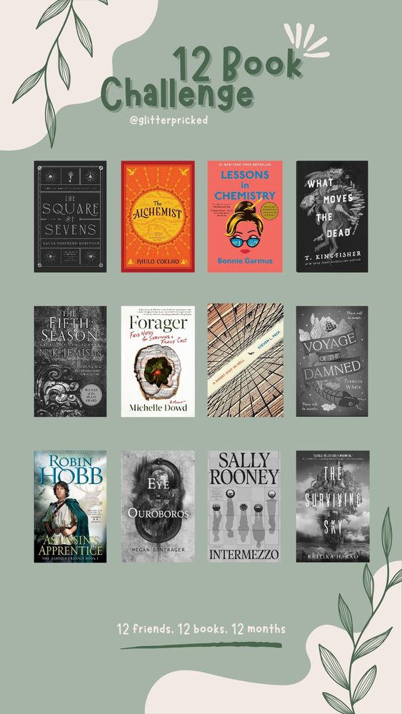 A 12 book challenge template filled in. 5 of the books have color, the remaining 7 are greyscale