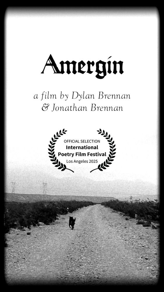 A black-and-white film poster for Amergin, a film by Dylan Brennan and Jonathan Brennan. The title is in a bold, old-style font, and the directors’ names are in a delicate, serif font below. A laurel wreath emblem in the center announces the film as an “Official Selection” of the “International Poetry Film Festival, Los Angeles 2025.” The lower half of the poster features a grainy photograph of a desolate, unpaved road stretching into the distance, flanked by sparse vegetation. A lone black dog walks along the road toward the viewer. In the far background, faint power lines and a hazy mountain range are visible. The edges of the poster have a soft vignette effect, giving it a vintage feel.