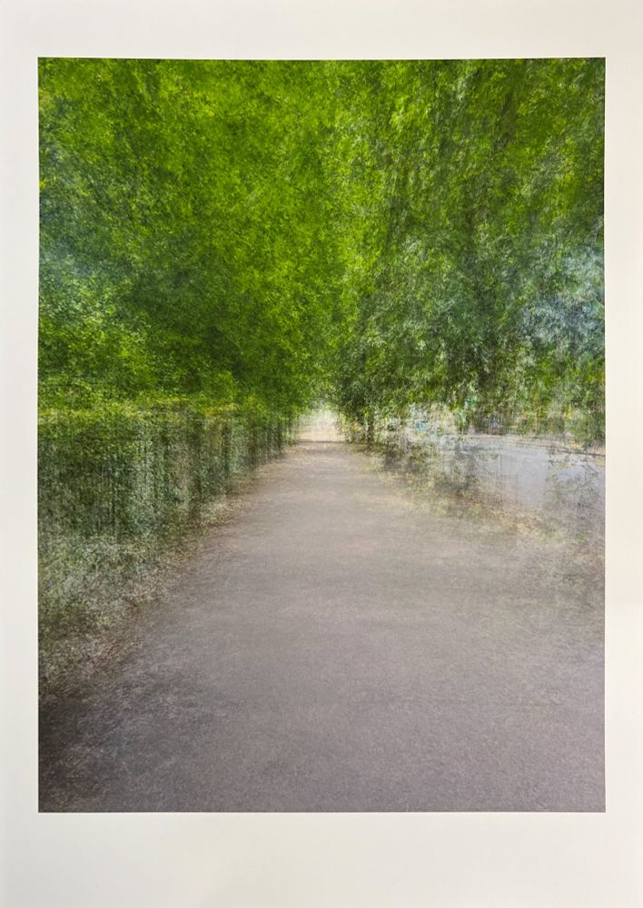 A high-angle shot depicts a bright, blurred, and abstract digital yet painterly image with a prominent pathway receding into the distance. The pathway, occupying the lower center of the frame, is a muted grey, slightly lighter as it extends towards a distant, faint light source. The sides of the image are dominated by vibrant, abstract green foliage, resembling dense trees or bushes, rendered with vertical, streaky brushstrokes that create a sense of movement. The overall impression is one of a serene, almost dreamlike journey through a lush, green landscape.