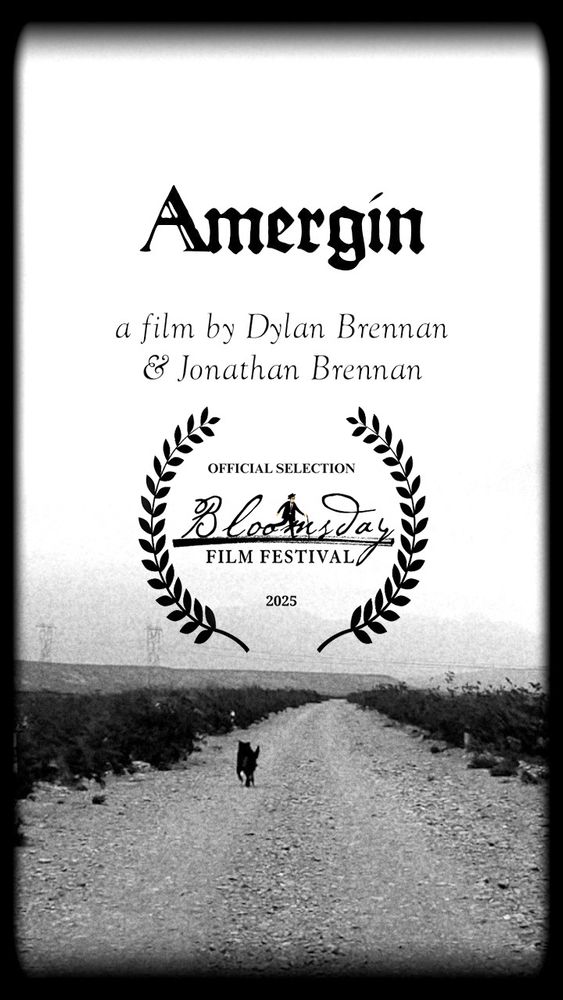 A dog wanders down a lonely desert road. Above the horizon there are some power cables visible and above that the words ‘‘Amergin’ a film by Dylan Brennan and Jonathan Brennan’ are followed by some laurels announcing that the film has been officially selected for the Bloomsday film festival 2025.