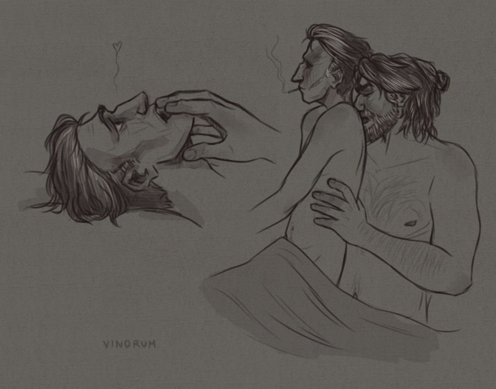 two digital drawings of alternate universe silco and vander from arcane,
first one is of silco's side profile, he's lying down, his mouth an eyes are wide open, and vander's hand is rested in his chin, there's a little heart doodle above him,
second one is silco sitting in vander's lap, he's smoking a cigarette and looking into the distance as vander holds him by the waist and kisses his bare back