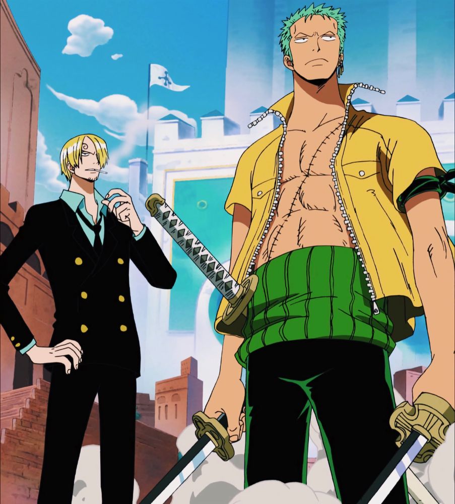 Two young men stand side by side, the blonde one is smoking a cigarette and the green haired one is holding two swords. The characters are Sanji and Roronoa Zoro from One Piece anime.