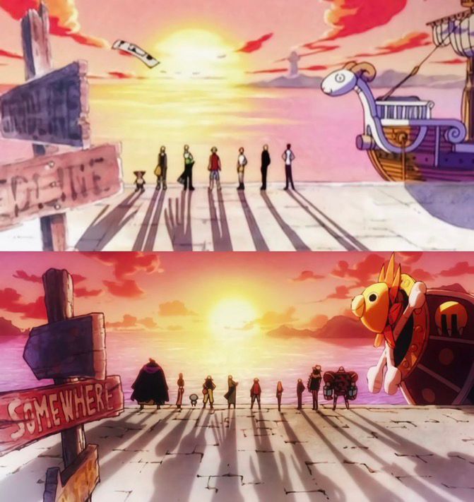Two images. First image shows seven people standing side by side watching the sun set over the ocean, a large ship is next to them with a sheep figurehead. Second image shows the original seven people plus three more, standing side by side watching the sun set over the ocean, a large ship is next to them with a lion figurehead.