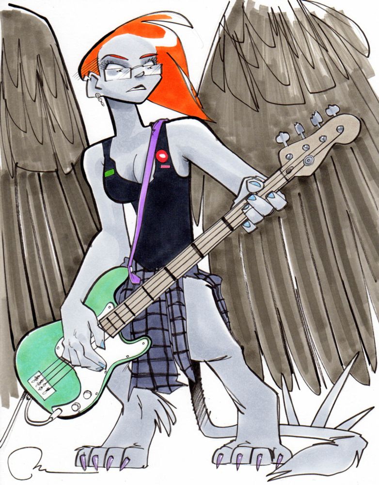 A large cartoon sphinx gal playing a 15 foot long Fender bass.