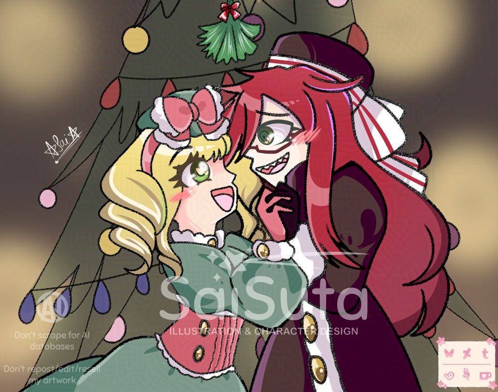 Doodle of Elizabeth Midford and Grell Sutcliff from Kuroushitsuji in winter attire under a mistletoe! 