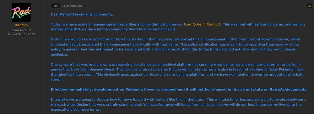 Screenshot of the original version of the Retroachievements apology post. 