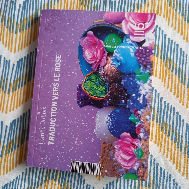 Traduction vers le rose, novella de Esmée Dubois publiée aux éditions 1115. La couverture montre des objets très colorés (fleurs, fruits) posés dans la terre, sous la neige qui tombe, sur un fond violet