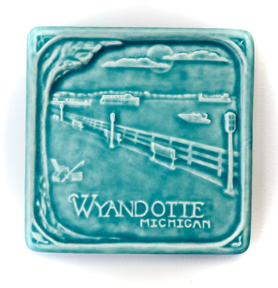 Wyandotte Michigan porcelain art tile in aqua blue glaze