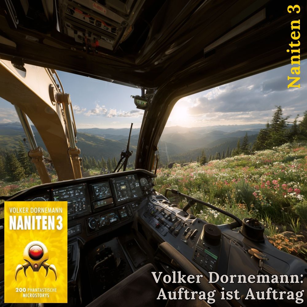 Hintergrund:
Midjourney Prompt:
First-person POV from inside the cabin of a massive, ultra-modern excavator with large excavator bucket, looking out through the large windshield at a vibrant blooming mountain meadow, wildflowers scattered across green grass, small birds flying overhead, rabbits hopping through the meadow, golden morning sunlight streaming across the landscape, rolling hills and mountain panorama in the background, advanced digital displays and controls visible in the foreground of the cabin interior, photorealistic, cinematic lighting, 8k resolution, detailed mechanical interior, pastoral beauty contrast


Linke untere Ecke:
Cover des Buchs "Naniten 3" von Volker Dornemann

Text:
Volker Dornemann: Auftrag ist Auftrag. Naniten 3
