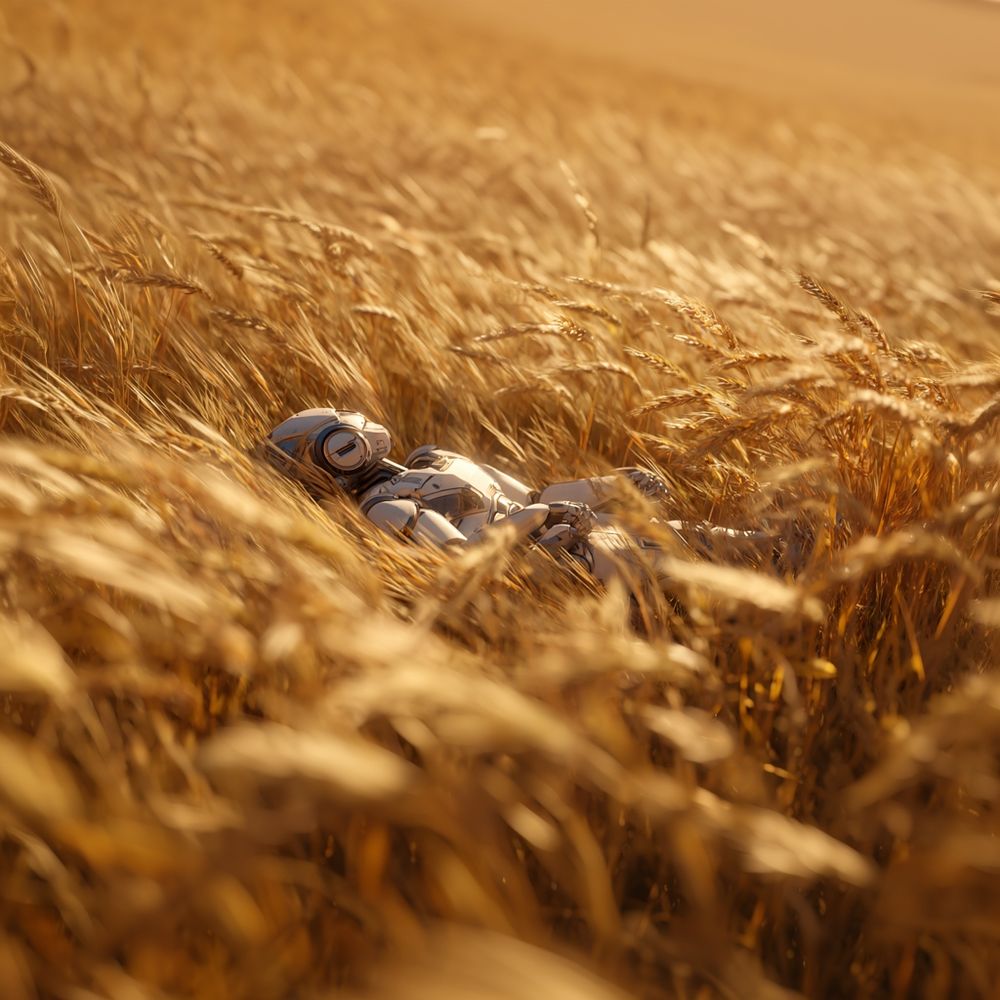 Midjourney Prompt: aerial view, a sleeping robot lying peacefully in the middle of a golden wheat field, soft morning light, dreamy atmosphere, gentle wind moving the crops, detailed and realistic, ultra high definition --v 7