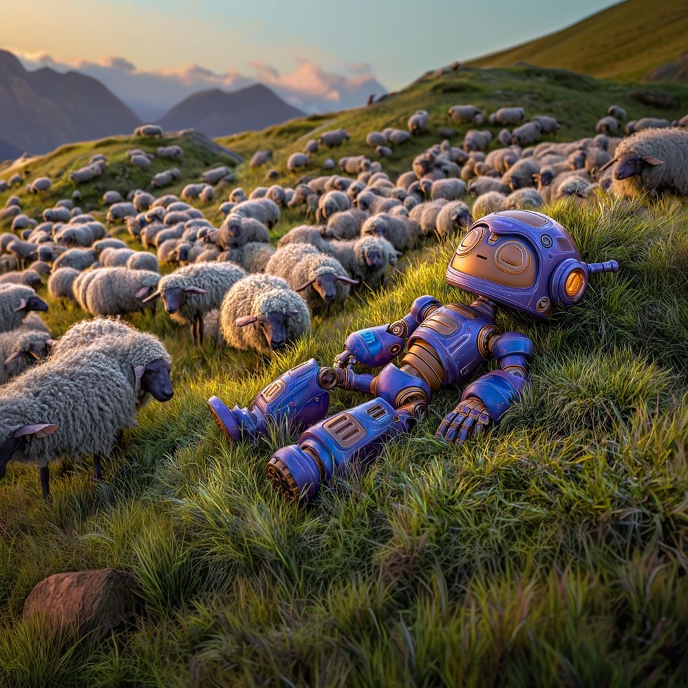 Midjourney Prompt: A sleeping android robot lies peacefully in the middle of a grazing flock of sheep on a lush summer meadow, soft sunlight, vibrant green grass, gentle hills in the background, tranquil and serene atmosphere, highly detailed, photorealistic, warm colors --v 7