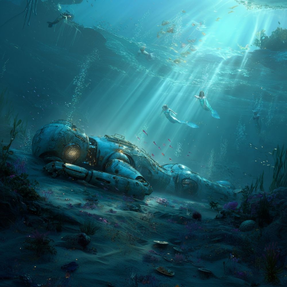 Midjourney Prompt: A sleeping robot resting on the ocean floor, surrounded by swimming mermaids and mermen, enchanting underwater atmosphere, soft blue-green light rays filtering through the water, detailed and ethereal, beautiful and serene scene, highly detailed, cinematic, digital art --v 7