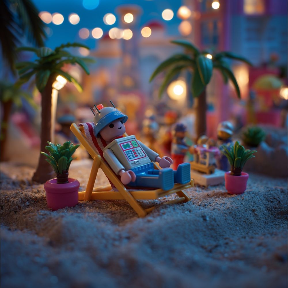 Midjourney Prompt: A sleeping robot in a deck chair, designed as a Playmobil figure, surrounded by a detailed Playmobil environment, soft lighting, playful and colorful, miniature toy style --v 7