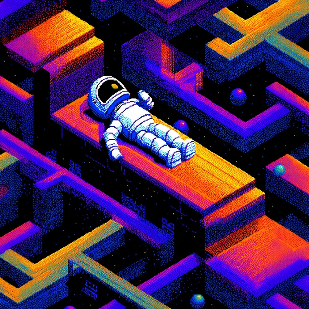Midjourney Prompt: A sleeping robot from the video game Marble Madness, lying on a twisting maze track, pixel art style inspired by Commodore 64 graphics, vibrant retro colors, isometric perspective, detailed C64 palette, nostalgic 8-bit video game atmosphere, glowing marble effects, classic computer game scene --v 7 --raw
