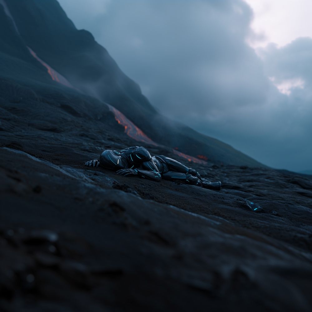 Midjourney Prompt: A sleeping black robot with glowing blue lines on its dark surface, lying in a black lava landscape with cooled, solidified black lava flows on a volcano slope. Nighttime, cinematic lighting, high detail, sci-fi atmosphere. --v 7
