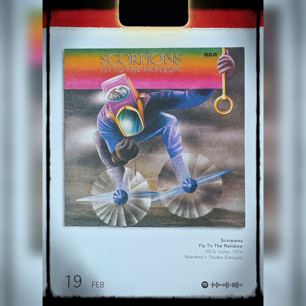 Abreißtageskalender von seltmann mit dem Kalenderblatt des Vinyl-Covers der LP "Fly To The Rainbow" (1974) von Scorpions
