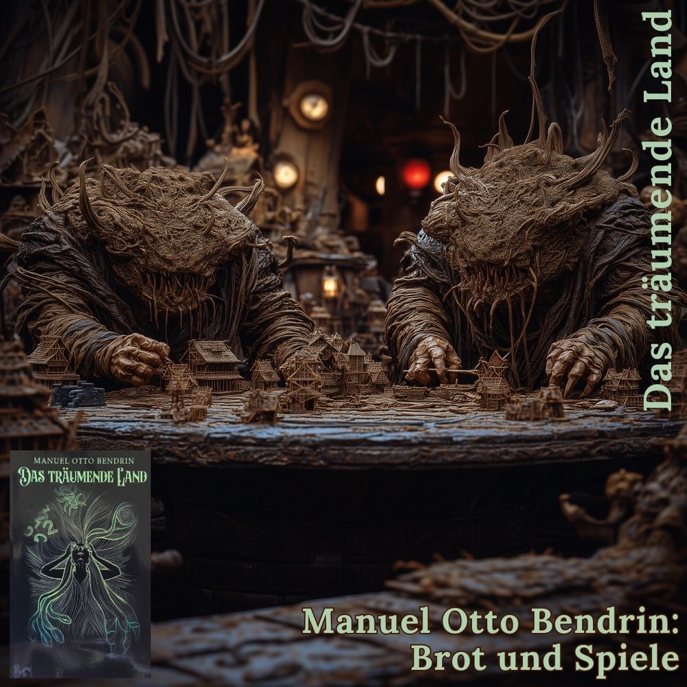 Hintergrund:
Midjourney Prompt: Two colossal grotesque beings, hybrid abominations of revolting trolls and nightmarish creatures, bodies covered with dozens of fanged maws, disgusting fluffy tentacles sprouting from their limbs, hunched over a massive roughly hewn stone table, examining a toy model of a small village with dark decaying wooden houses, photorealistic, detailed, horrific, unsettling, dim lighting, ominous atmosphere, 8k, --v 7 --raw --profile 3jzhi3z --weird 200

Linke unter Ecke:
Cover des Buchs "Das träumende Land" von Manuel Otto Bendrin

Text:
Manuel Otto Bendrin: Brot und Spiele. Das träumende Land