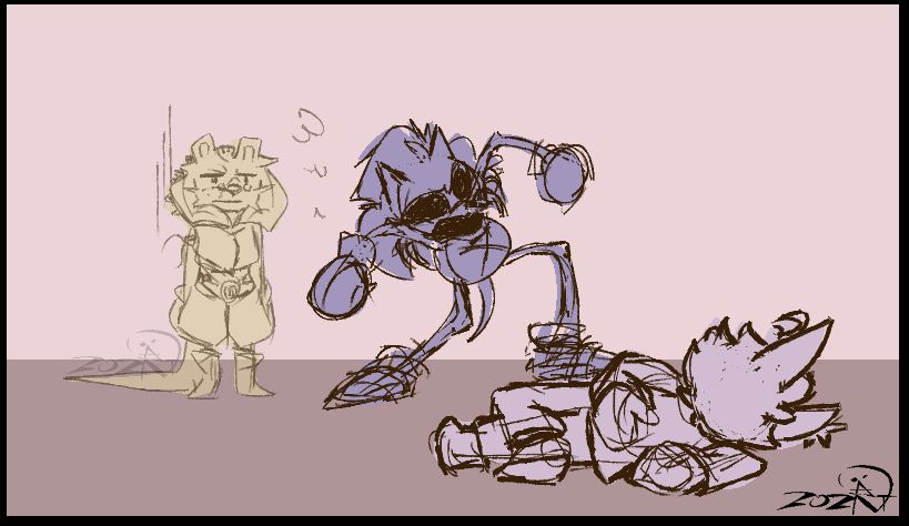 Some dude dancing on top of another guy while another guy watches in the background, looking disgruntled.