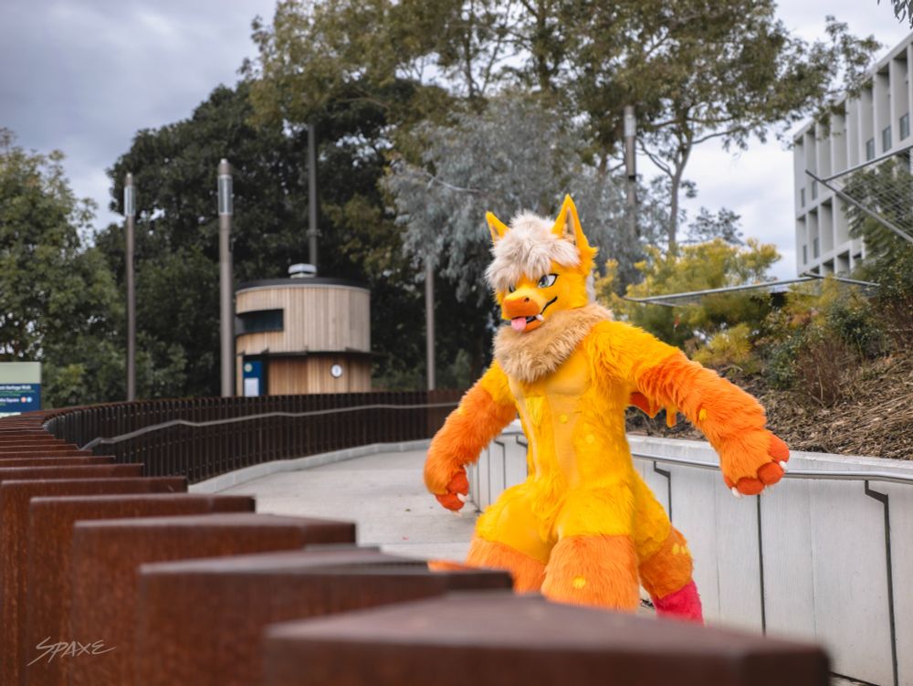 Spaxe the fluffy dragon fursuiter doing a gremlin pose on a ramp