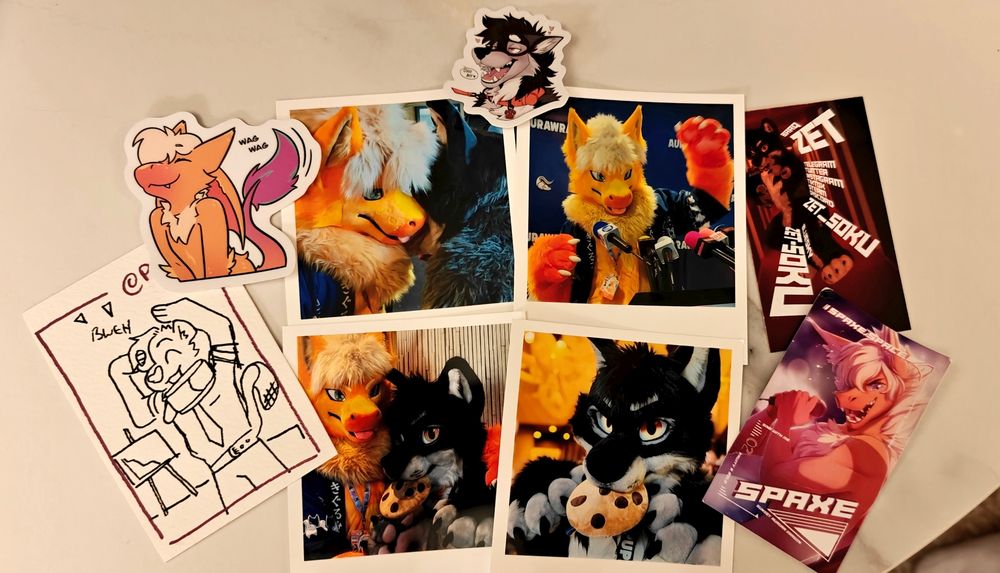 Photos, cards, and stickers of Spaxe and Zet, and a hand drawn card of Pastry.
