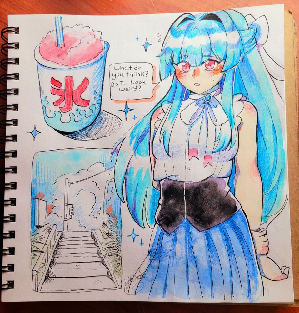 A picture of a sketchbook spread, featuring my OC wysteria, a pokemon gijinka, a cup of shaved ice and a small scene of white clouds set against a blue sky.

It's drawn in ink, and colored vibrantly with watercolors and pencil crayons.