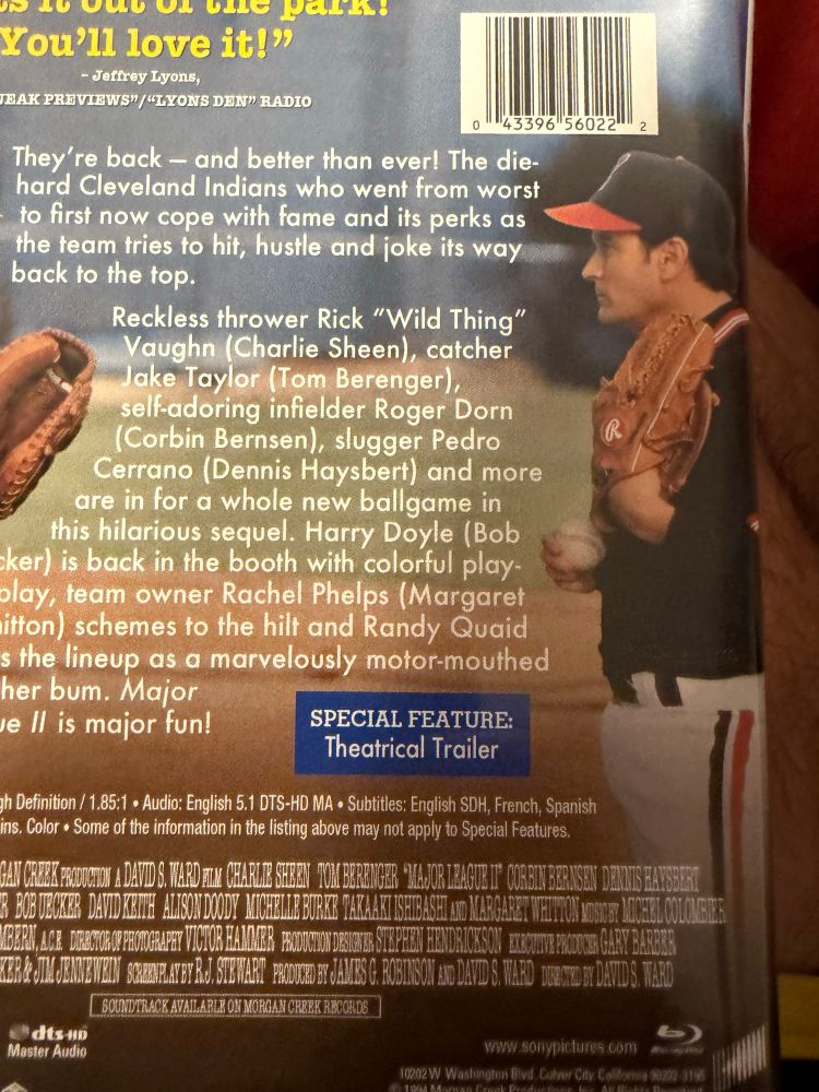 Major league II Blu-ray containing a singular special feature 
