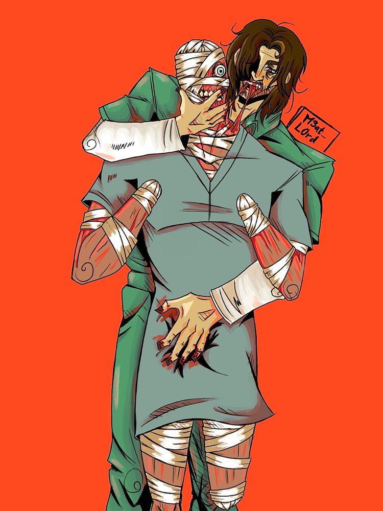 Characters Jimmy and Curly from the game Mouthwashing are drawn.  Jimmy is holding Curly up (post crash) with one hand on Curly's face and one on his crotch.  Jimmy is biting the muscle and flesh on Curly's neck. Curly has a pained expression on his face from being bitten and is trying to remove himself from Jimmy's grasp but does not have the hands to free himself.