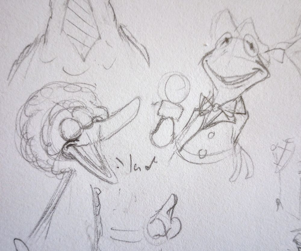 Rough sketches of Big Bird and Kermit the Frog. Big Bird's singing, and Kermit's wearing his reporter's outfit.